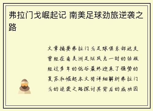 弗拉门戈崛起记 南美足球劲旅逆袭之路